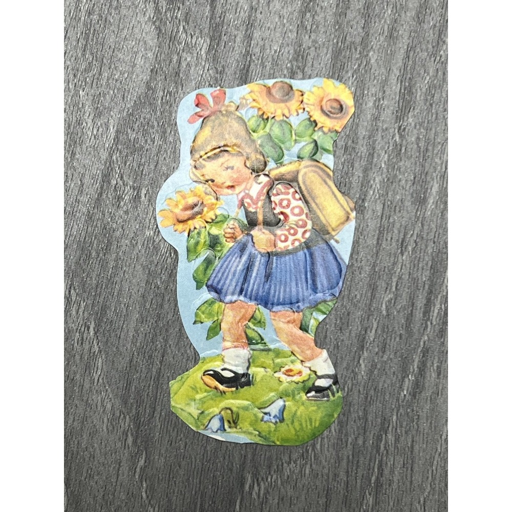 Vintage Die-Cut Scrap Ephemera Girl with Sunflowers & Backpack Art